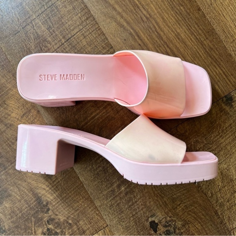 Steve Madden Harlin Jelly Shiny Pink Square Toe Heel Chunky Slip On Mules
